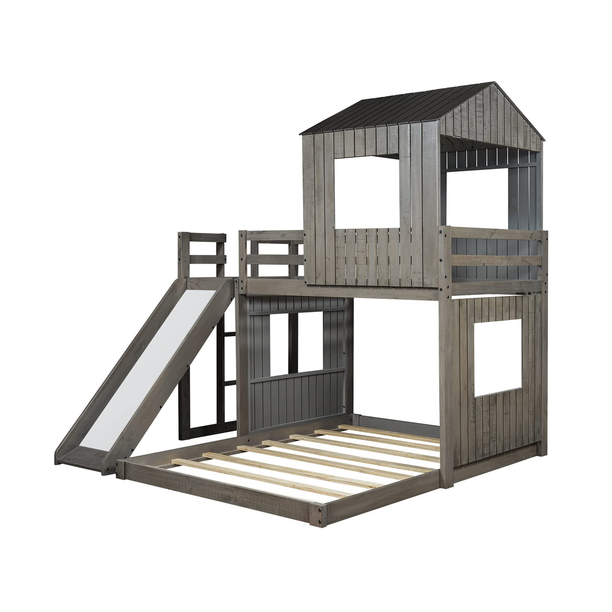 Harper & Bright Designs House Bunk Beds Twin Over Full Size, Wood Bunk Beds with Roof and Window (Distressed Grey, Twin Over Full (with Slide)) Harper & Bright Designs