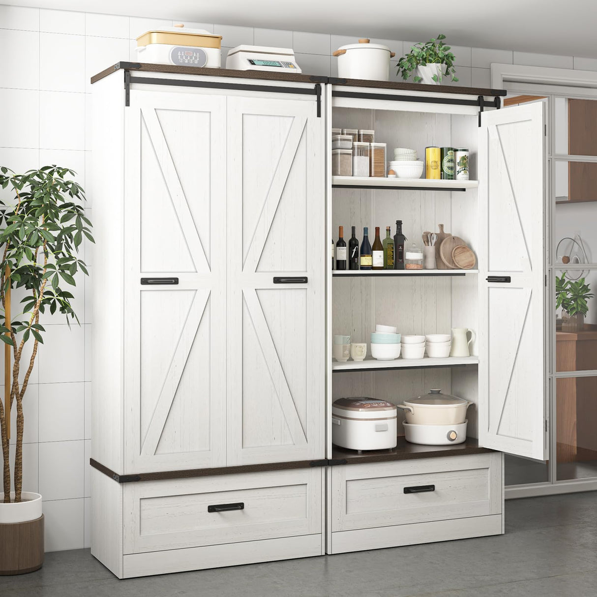 Hlivelood 72" Tall Storage Cabinet with Barn Doors & Drawer, Pantry Cabinet with Adjustable Shelves, Rustic Wood Cupboard for Kitchen, Dining Room, Living Room, White Hlivelood