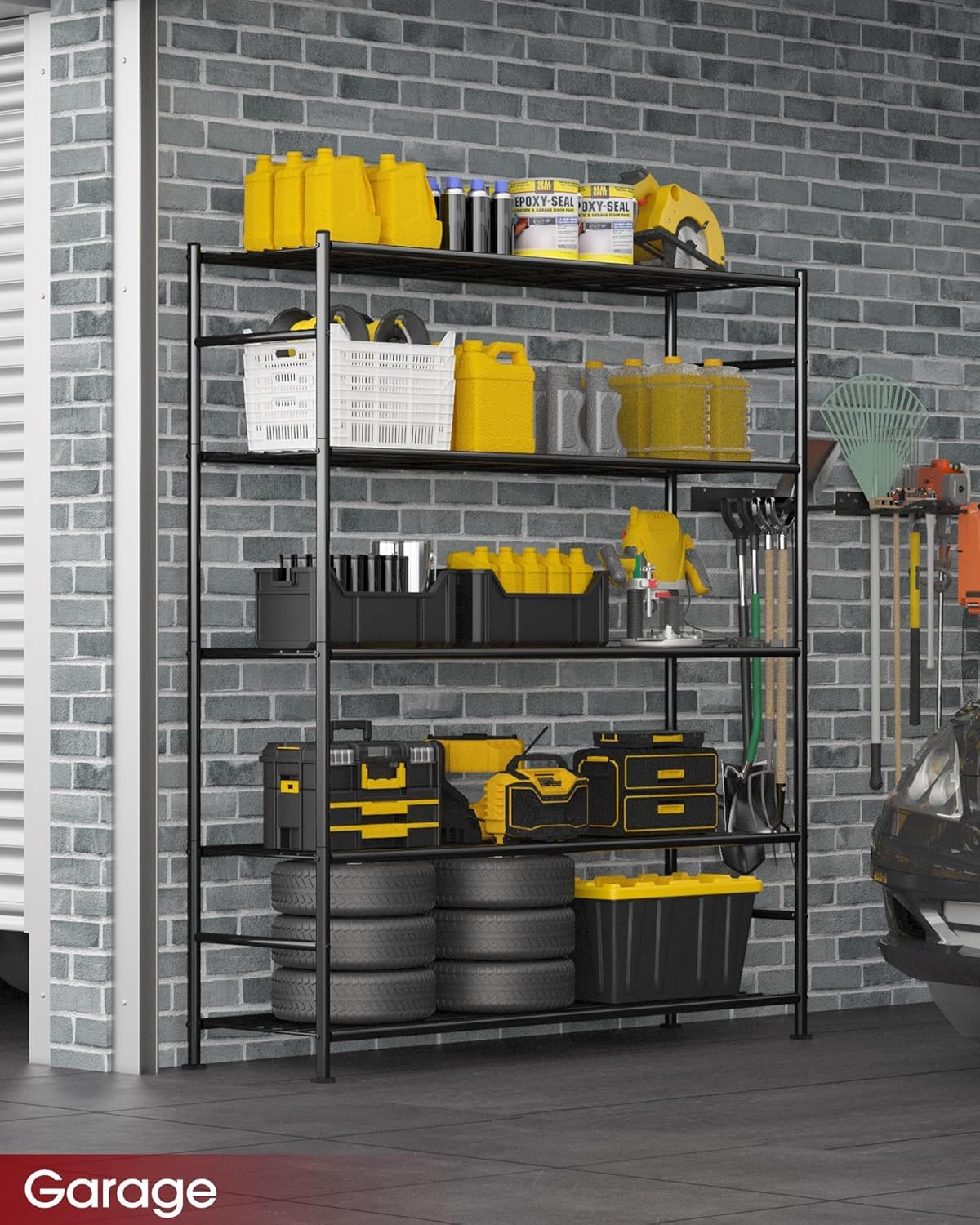 Sakugi Storage Shelves - 5 Tier Shelf Organizer, Heavy Duty Garage Shelving Unit with Leveling Feet, Stable Metal Shelves Organizer for Pantry, Kitchen and Closet, 47.3" W x 12.6" D x 60.8" H, Black Sakugi