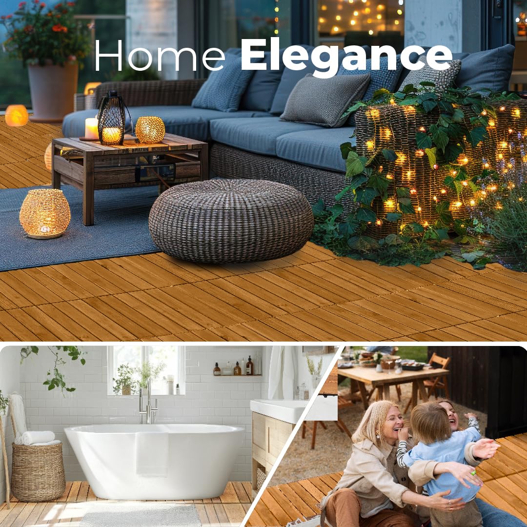 Pack of 10 Deck Tiles - 12"x12" Interlocking Natural Solid Acacia Wood for Outdoor & Indoor, Patio Garden, Balcony, Poolside - Teak Color AN68