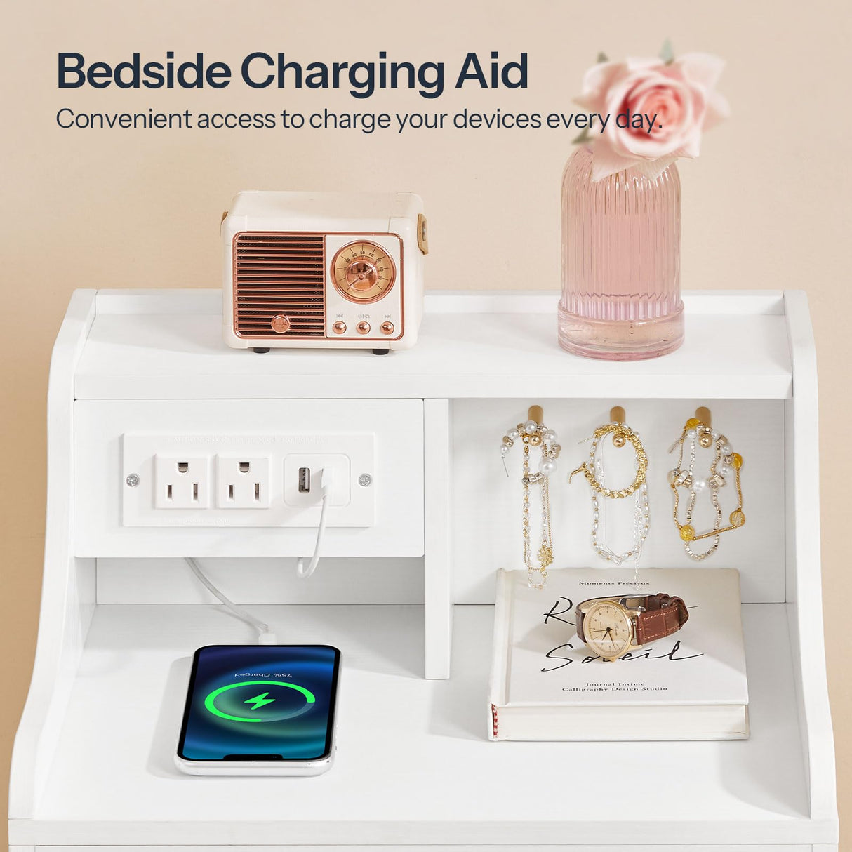 HOOBRO Nightstand with Charging Station and LED Light, Bedside Table with Fabric Drawer, End Table with USB Ports & Outlets, Modern Side Table, Sofa Table for Bedroom, White WT188UDBZ01 HOOBRO