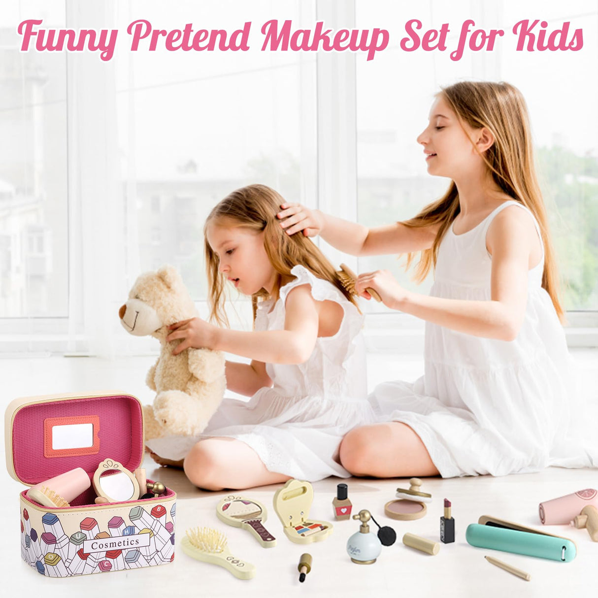 GAGAKU Wooden Makeup Toy Set Wood Hair Salon Playset Toddler Wooden Makeup Kit for Girls,Christmas Birthday Gift for 3 4 5 6 7 Years Old Kids GAGAKU