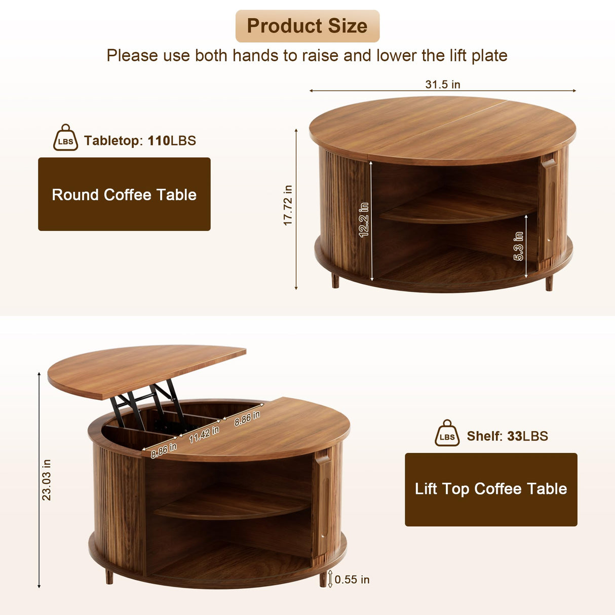 YKVIQBY Round Lift Top Coffee Table, 31.5" Fluted Wood Accent Coffee Table with 180° Curved Sliding Door, Hidden Storage, Mid Century Modern Center Table for Living Room Office Small Spaces, Walnut YKVIQBY