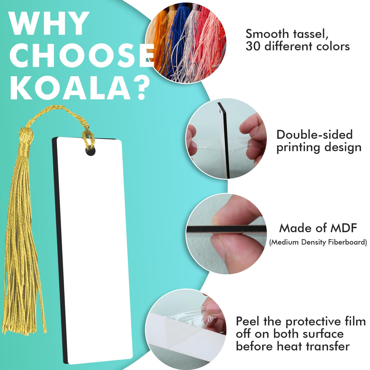 Koala Paper Sublimation Blank Bookmarks 30 Packs, MDF Bookmarks with Holes and Colorful Tassels, Double-Sided Printed Heat Transfer Bookmarks for DIY Craft Projects KOALA PAPER