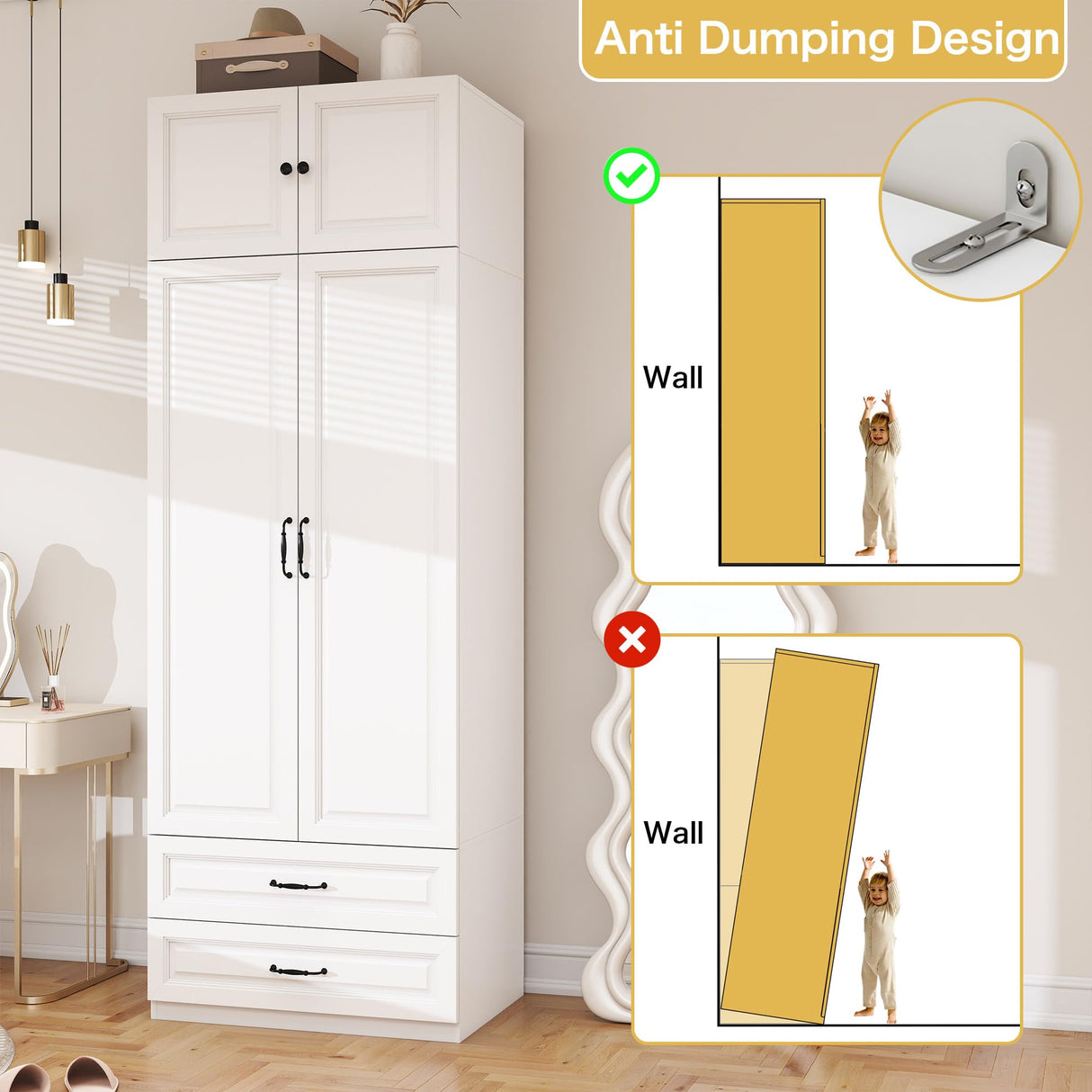 Armoire Wardrobe Closet with Doors: 89" Extra Tall White Wardrobe with Storage on Top, Bedroom Armoires with 2 Doors and 2 Drawers, Large Wood Closet Armoire for Hanging Clothes (A, 31.5") LABROSKIA