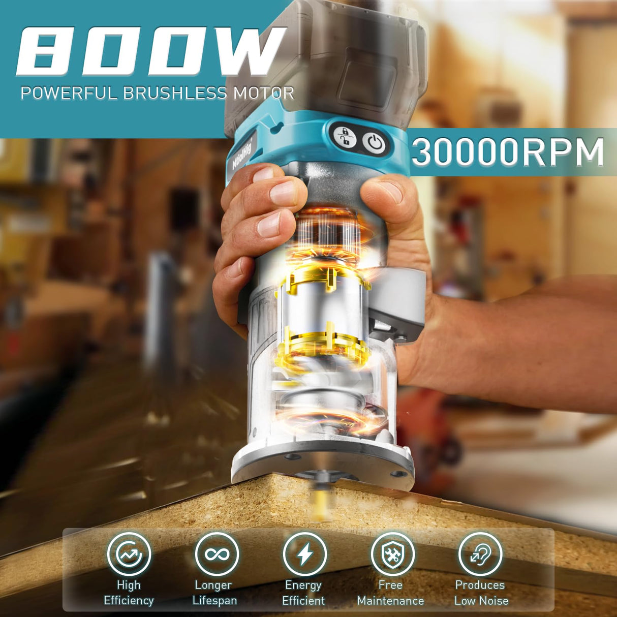 Cordless Compact Router for Makita 18V Battery (Bare Tool), 6 Variable Speeds Router Tool for Woodworking, 800W 30,000 RPM Fixed Base Wood Router with Trim Router Bits, Edge & Roller Guide, Dust Hood MtiolHig
