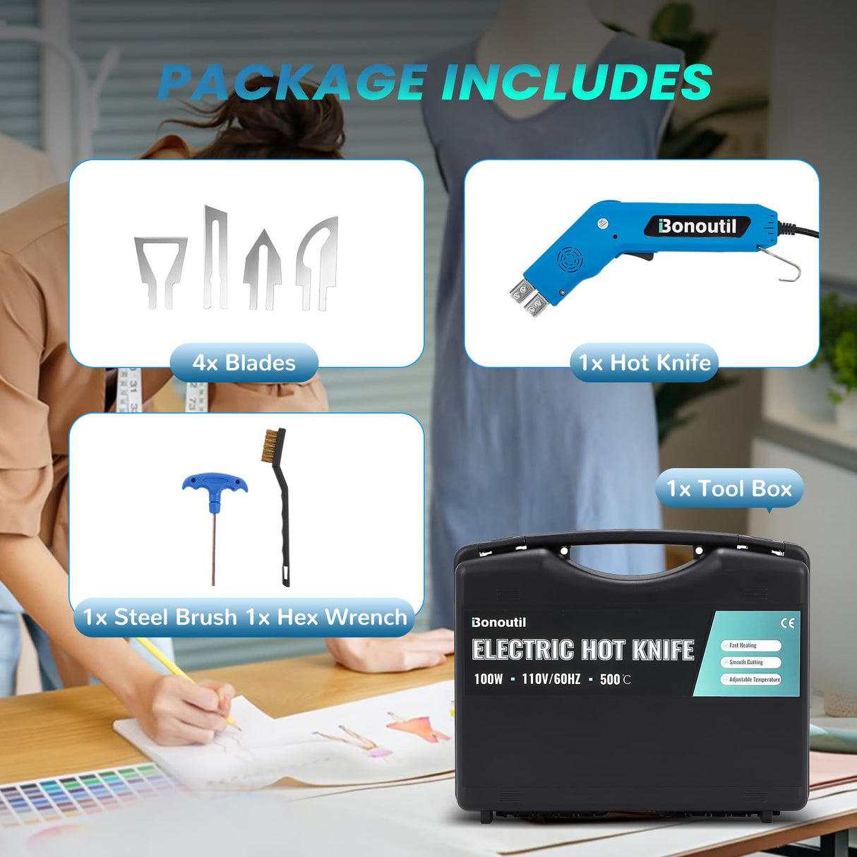 Bonoutil Hot Knife Fabric Rope Cutter 100W Styrofoam Cutter Foam Cutting 4 Blades Electric Heat Knife for Foam Cutting, Cloth, Canvas, Webbing, Rope, Cord Bonoutil