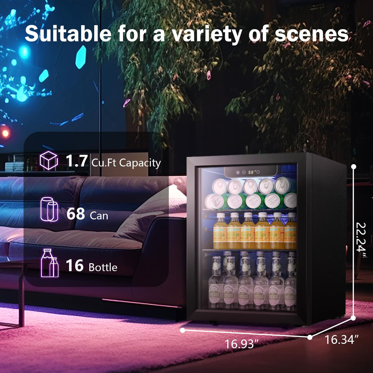 LHRIVER Beverage Refrigerator and Cooler, 68 Can/16 Bottle Mini Fridge with Glass Door, Small Mini Drink Fridge with Adjustable Shelves for Soda Beer or Wine, Perfect for Home/Bar/Office LHRIVER