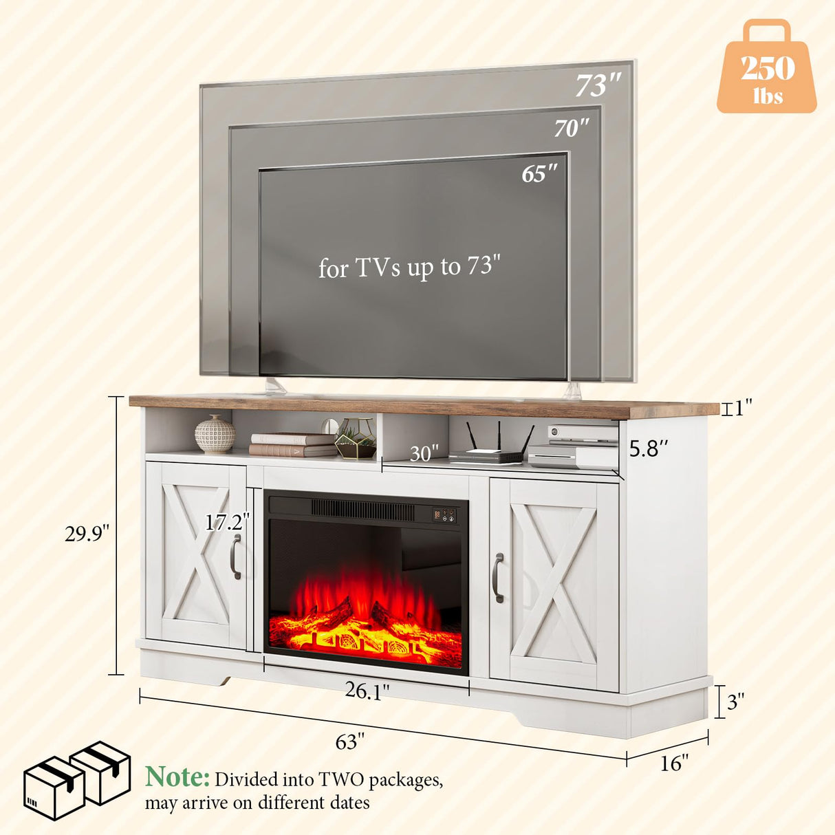 AMERLIFE 63" Farmhouse TV Stand with 26" Fireplace, for TVs up to 73", Media Entertainment Center with Adjustable Shelf & Barn Doors, Rustic TV Console Cabinet for Living Room, Rustic Oak & White AMERLIFE