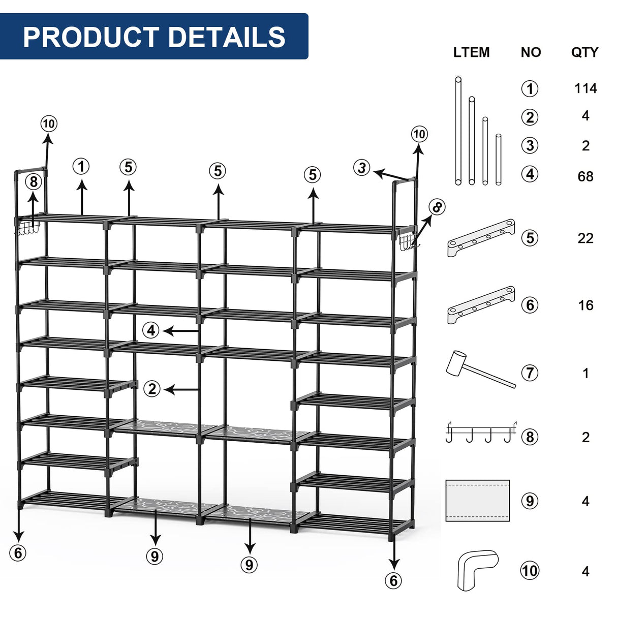 Mavivegue Extra Large Shoe Rack, 8 Tier 4 Rows 72-76 Pairs Big Tall Metal Shoe Shelf,Big Boot Rack Storage Organizer for Garage,Show Rack Shoe Holder Stand,Closet Rack Organizers and Storage Mavivegue