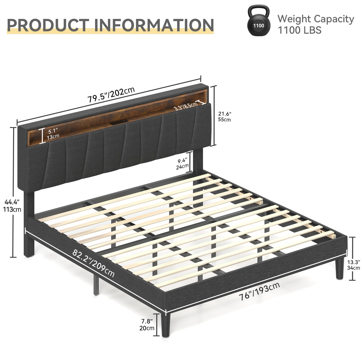 DWVO King Size Bed Frame with Storage Headboard, Upholstered Bed Frame with LED Lights, Platform Bed with Charging Station, No Box Spring Needed, Easy Assembly, Grey DWVO