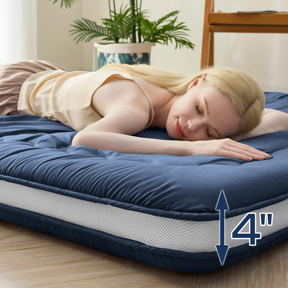 Syalife Japanese Futon Mattress Floor Mattress, 4" Thicken Roll Up Tatami Mat, Foldable & Portable Floor Bed Sleeping Pad, Traditional Shiki Futon (shikibuton), Design by Japan (Navy Blue, 39 * 80) Syalife