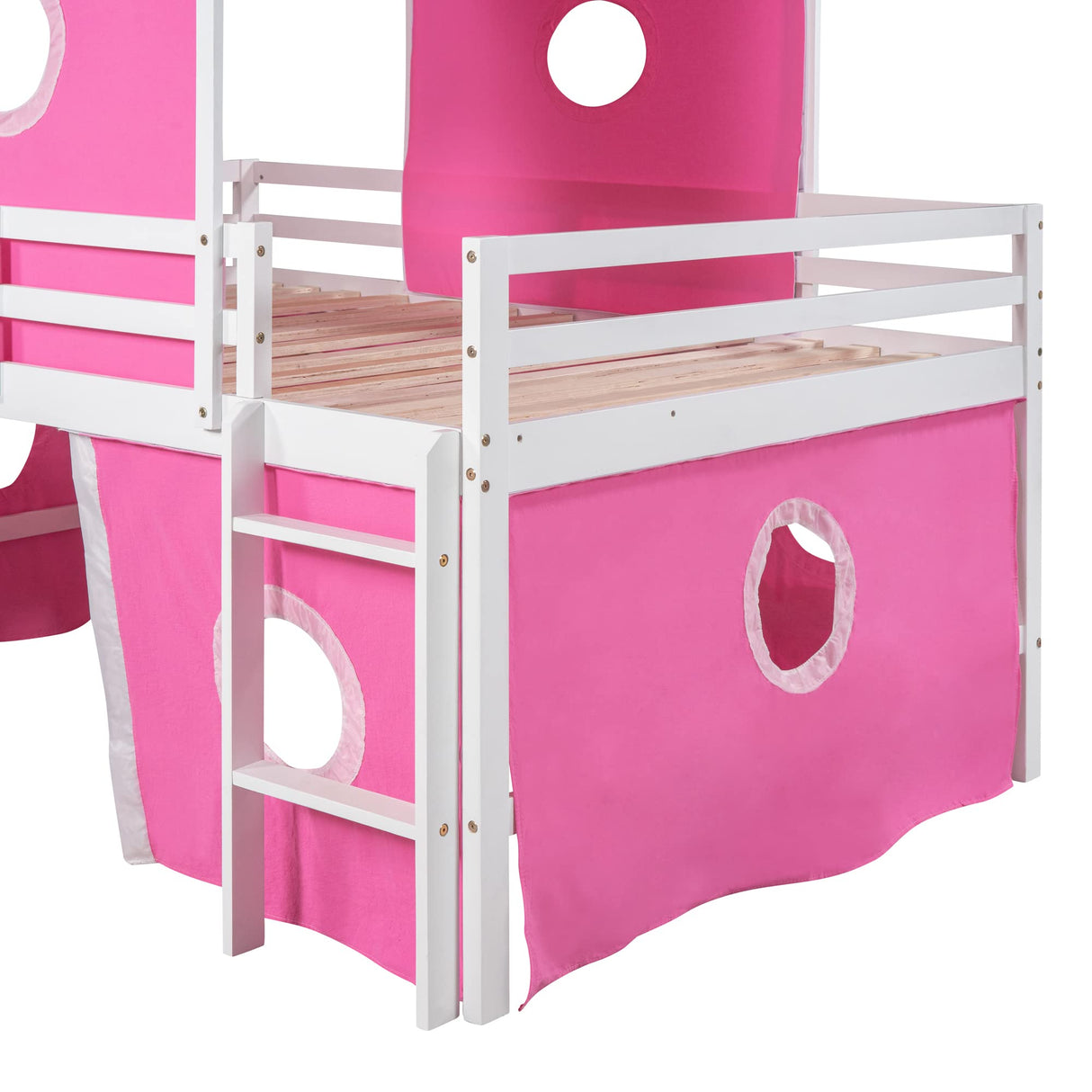 House Full Loft Bed Frame with Slide and Tent, Full Size Loft Bed with Small Pinnacle and Ladders, Wood Full Bunk Beds, Playhouse Bed Frame for Kids, Teens, Boys & Girls (Full Size, Pink) Harper & Bright Designs