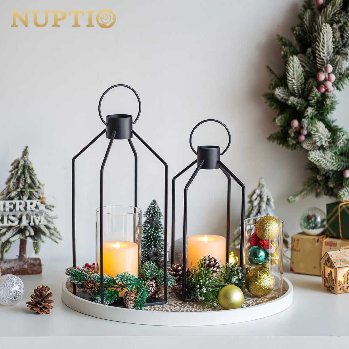 Nuptio Decorative Lantern Candle Holder: 2 Pcs Glass Hurricane Pillar Candles Holders Rustic Black Metal Hanging Lanterns Decor for Outdoor Wedding Farmhouse Home Fireplace Christmas Halloween NUPTIO