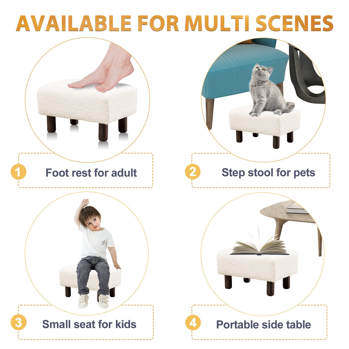 Small Beige Fur Padded Foot Stool, Storage Ottoman Foot Rest with Wooden Legs, 9.5Inch, Modern Rectangle Chair Foot Rest Foot Step Stool for Living Room, Couch, Desk LUE BONA