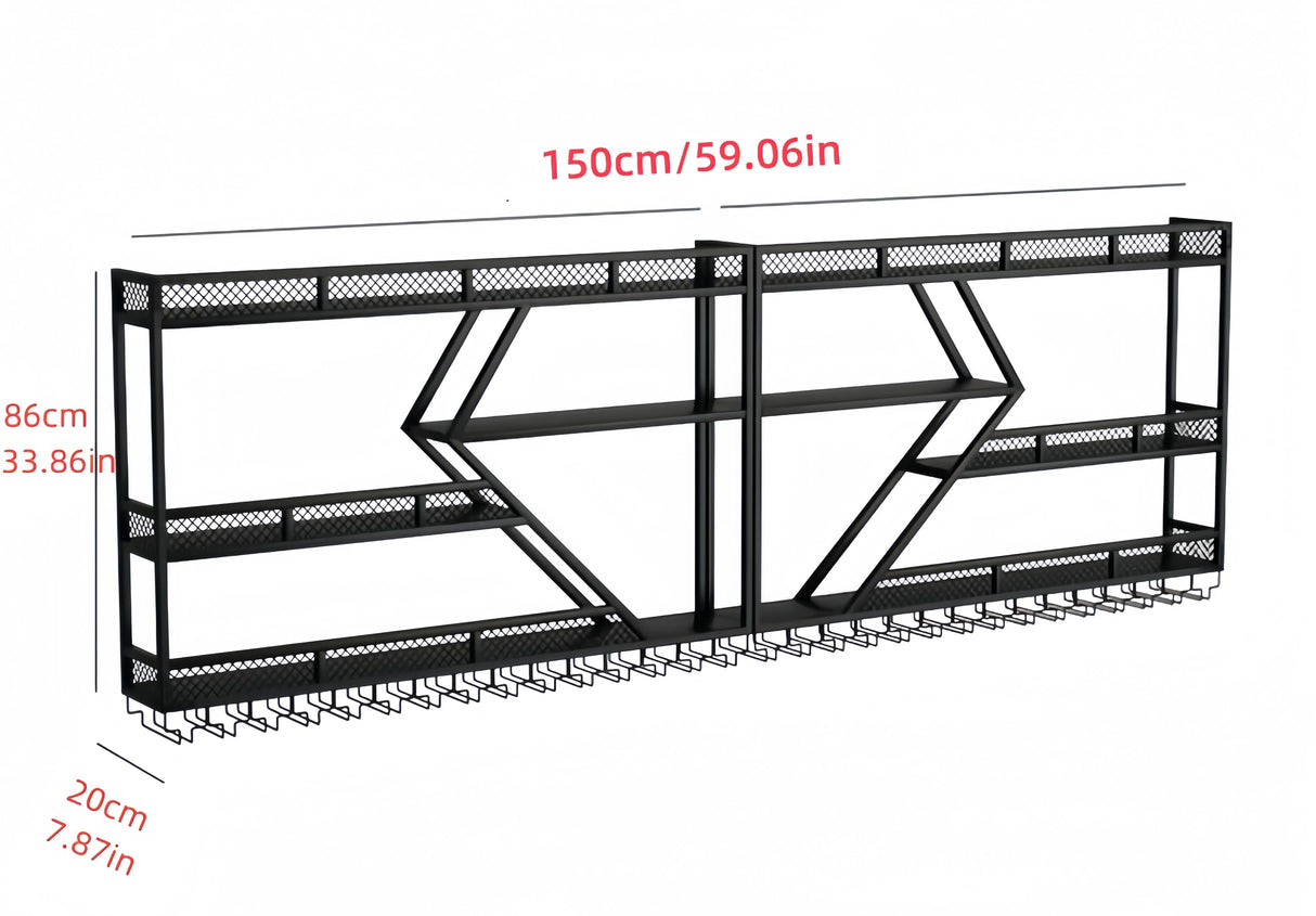 HFTUW Modern Wall Mounted Wine Rack w/LED Light, Metal Wall Bar Shelves Wall Mounted w/Glass Holder, Large Liquor Shelf for Liquor Bottles for Home Bar & Dining Room(Black-Yellow Led, 59in/150cm) HFTUW