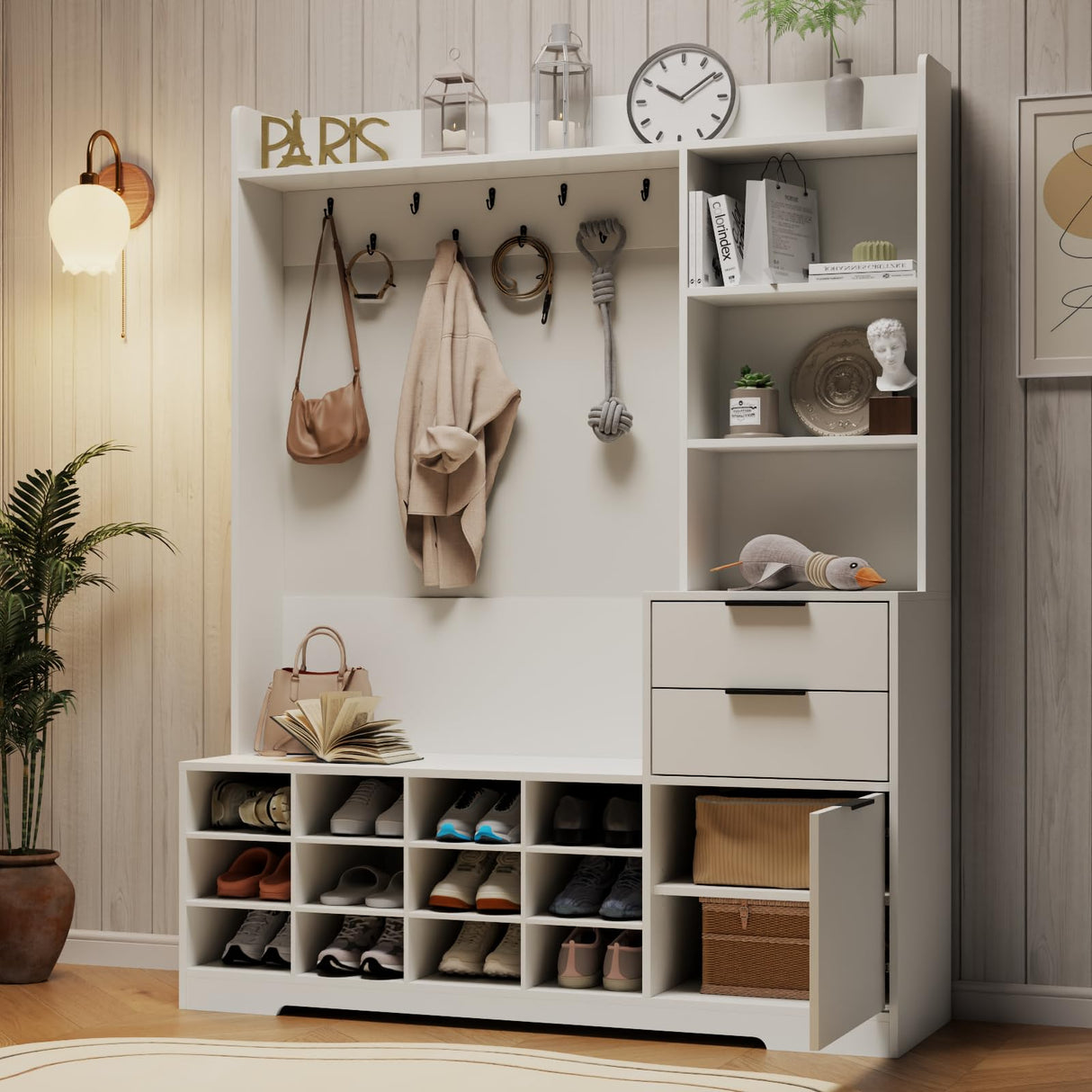 5-in-1 Hall Tree with Storage and Shoe Rack for Entryway,Entryway Bench with Coat Rack and Shoe Cabinet,9 Coat Hooks & 12 Shoe Cubbies,Farmhouse Shoe Storage Cabinet with Drawer for Hallway (White) Gyfimoie