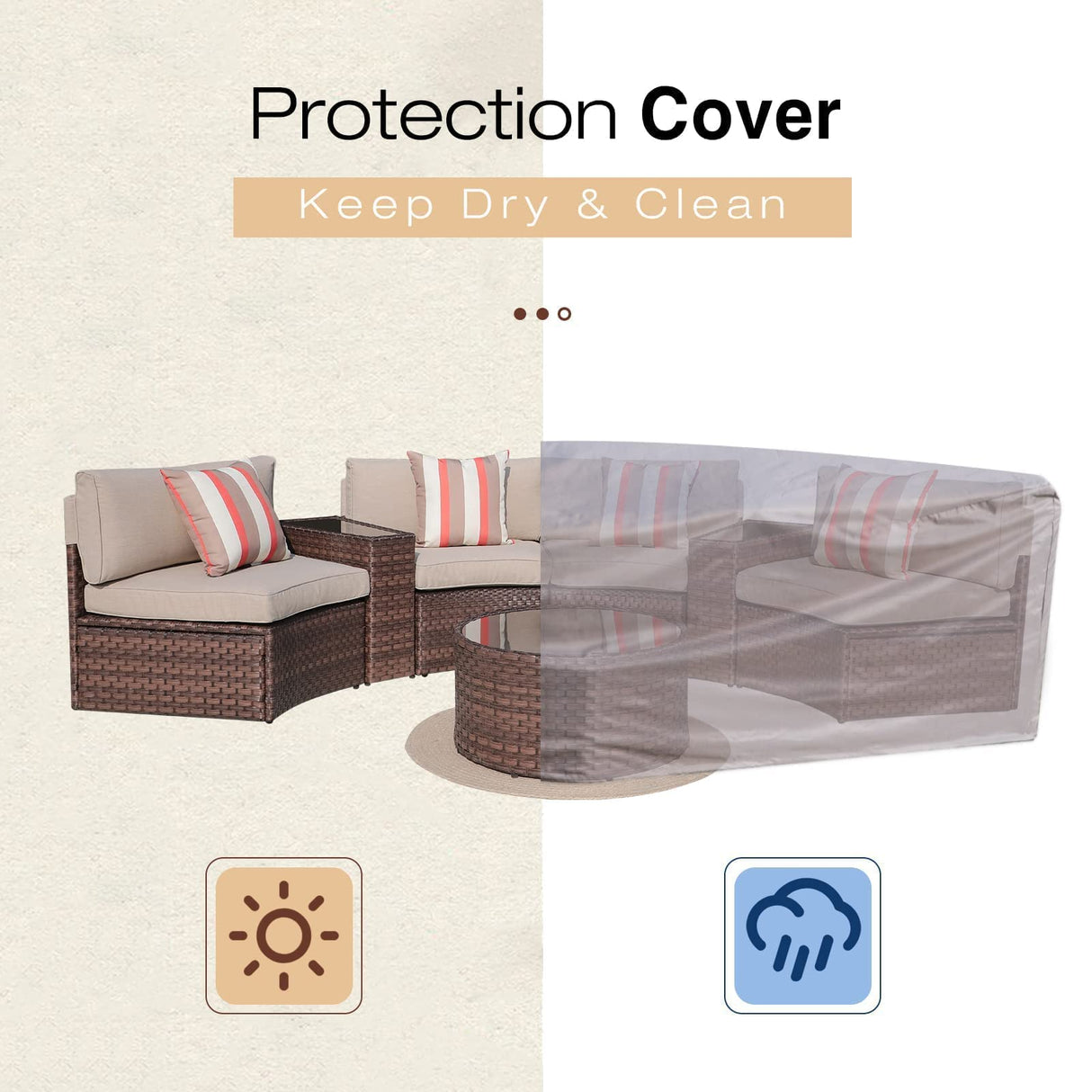 SUNSITT Outdoor 7-Piece Half-Moon Sectional Furniture Set with Round Coffee Table, Patio Curved Sofa Set, Beige Cushion and Brown Wicker, Incl. Waterproof Cover SUNSITT
