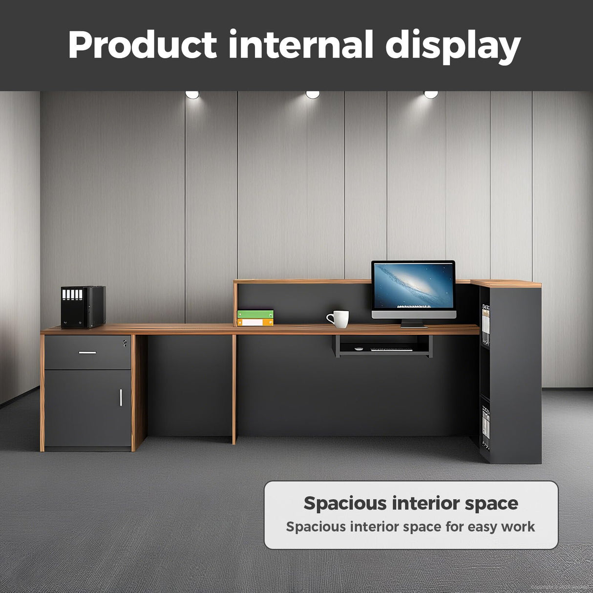 Anzhap Modern L-Shaped Reception Desk with Storage, Front Desk Reception Counter with Drawer, Storage Cabinets for Office, Lobby, Salon (European Oak+lron Gray - Left Cabinet, 102" L * 24" W * 41" H) Anzhap