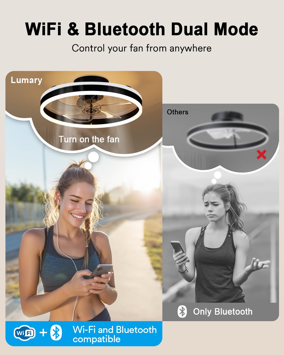 Lumary Smart WiFi Ceiling Fans with Lights, RGBAI Flush Mount Ceiling Fans with Lights and Remote, Dual Lighting Mode Modern LED Low Profile Ceiling Fan for Bedroom Works with Alexa Google, 20in Black Lumary