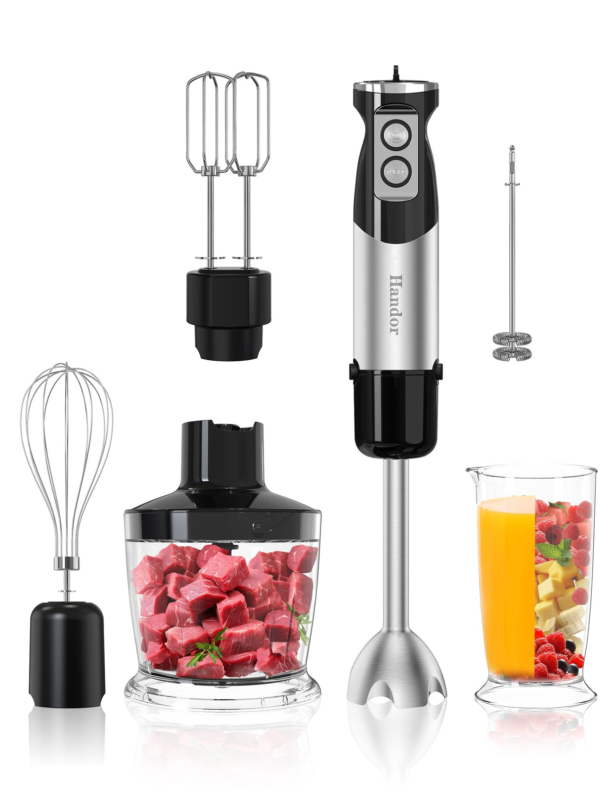 Handor 6-in-1 Hand Immersion Blender, 1000W 12 Speed Handheld Blender with 600ml Beaker, 500ml Chopper, Egg Whisk, Milk Frother, Stainless Steel Blades for Soup, Smoothie, Puree Paixisi