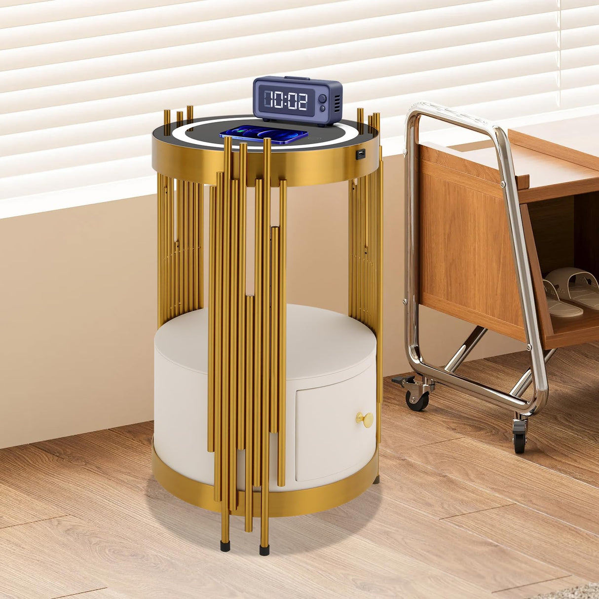 Mkyiongou Dimmable Led Nightstand Gold with White Drawers, Round End Table with USB & AC Port Wireless Charging Station, Bedside Table/Side Table for Bedroom/Living Room/Coffee Table Storage Mkyiongou