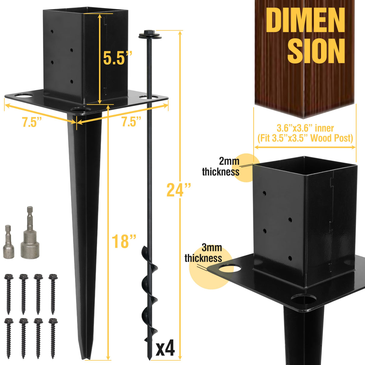 LADECH 4x4 Fence Post Anchor Ground Spike 24” Length with Ground Anchors Screw in - Metal Black Powder Coated – Mailbox Post Anchors – Fit 3.5x3.5 Standard (Black - 1 Pc) LADECH