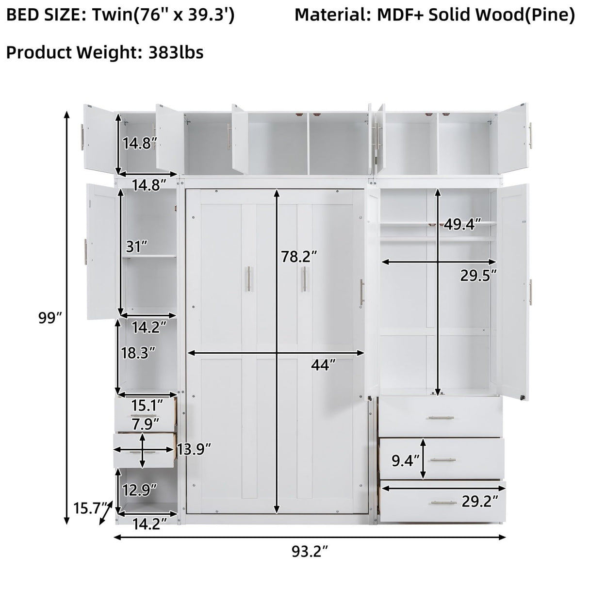 Merax Twin Size 99''H Pine Wood Murphy Bed Cabinet with Lockers and Storage Wardrobes Shelves, Foldable Platform Bedframe for Home, Bedroom, Small Room, Apartment, Includes Installation Video, White Merax