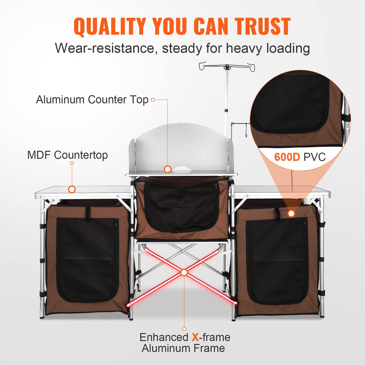 VEVOR Camping Kitchen Table, Folding Outdoor Cooking Table with Storage Carrying Bag, Aluminum Cook Station 3 Cupboard & Detachable Windscreen, Quick Set-up for Picnics, BBQ, RV Traveling, Brown VEVOR