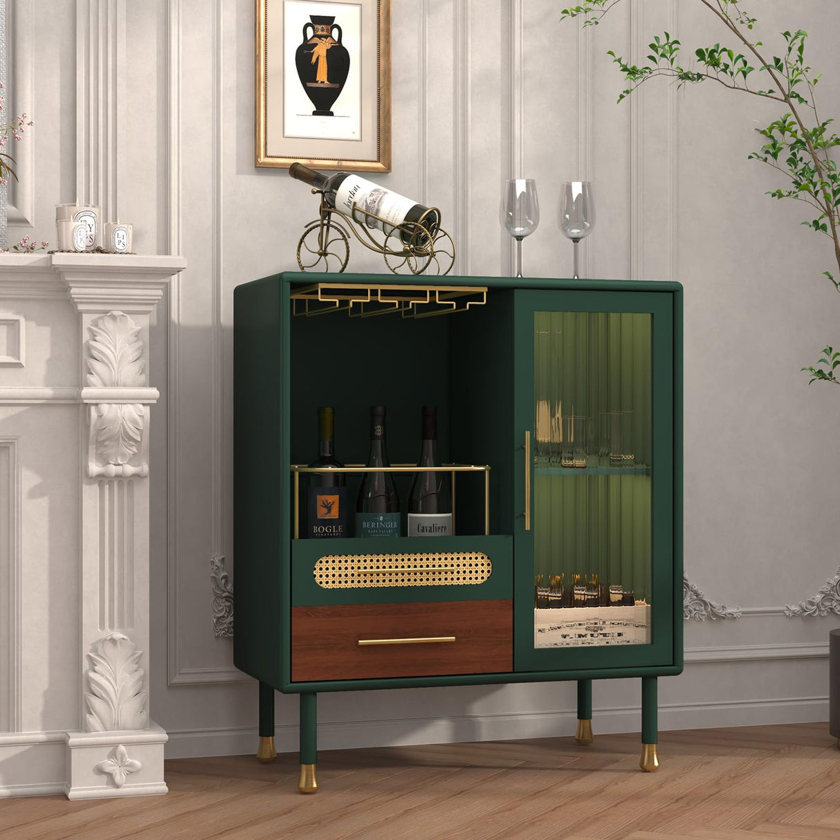 ARTPOWER Modern Coffee Bar Cabinet with Wine Glass Rack and Drawers, Green Liquor Cabinet with Pull-Out Wine Storage for Kitchen, Dining Room, Living Room ARTPOWER