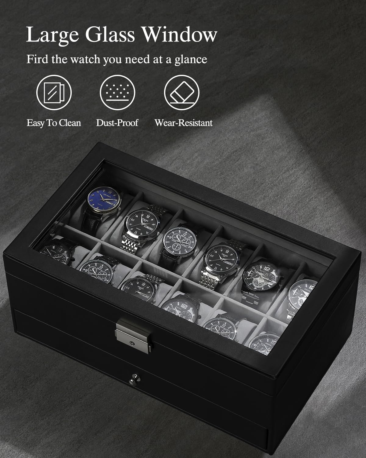 GUKA Watch Box 12 Slot Watch Display Organizer Leather Jewelry Case Drawer Glass Birthday for Men Women, Child Husband Dad GUKA