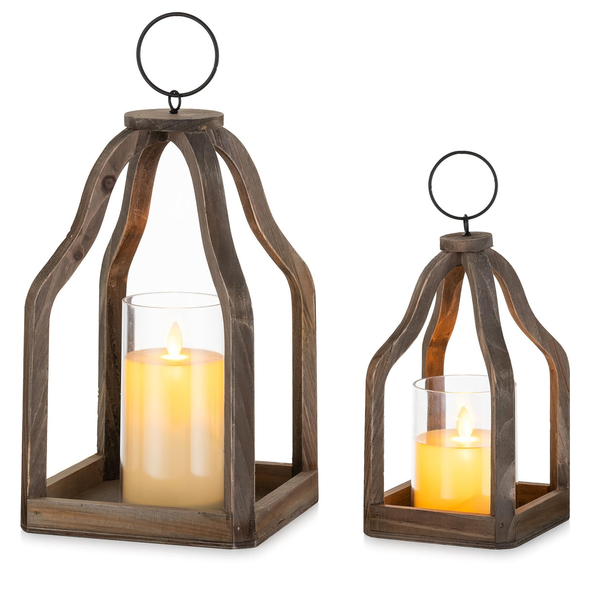 Romadedi Farmhouse Decorative Lantern Wooden - Set of 2 Rustic Wood Lanterns Candle Holder for Wedding Table Centerpieces Indoor Outdoor Fireplace Mantle Home Decor, Brown Romadedi