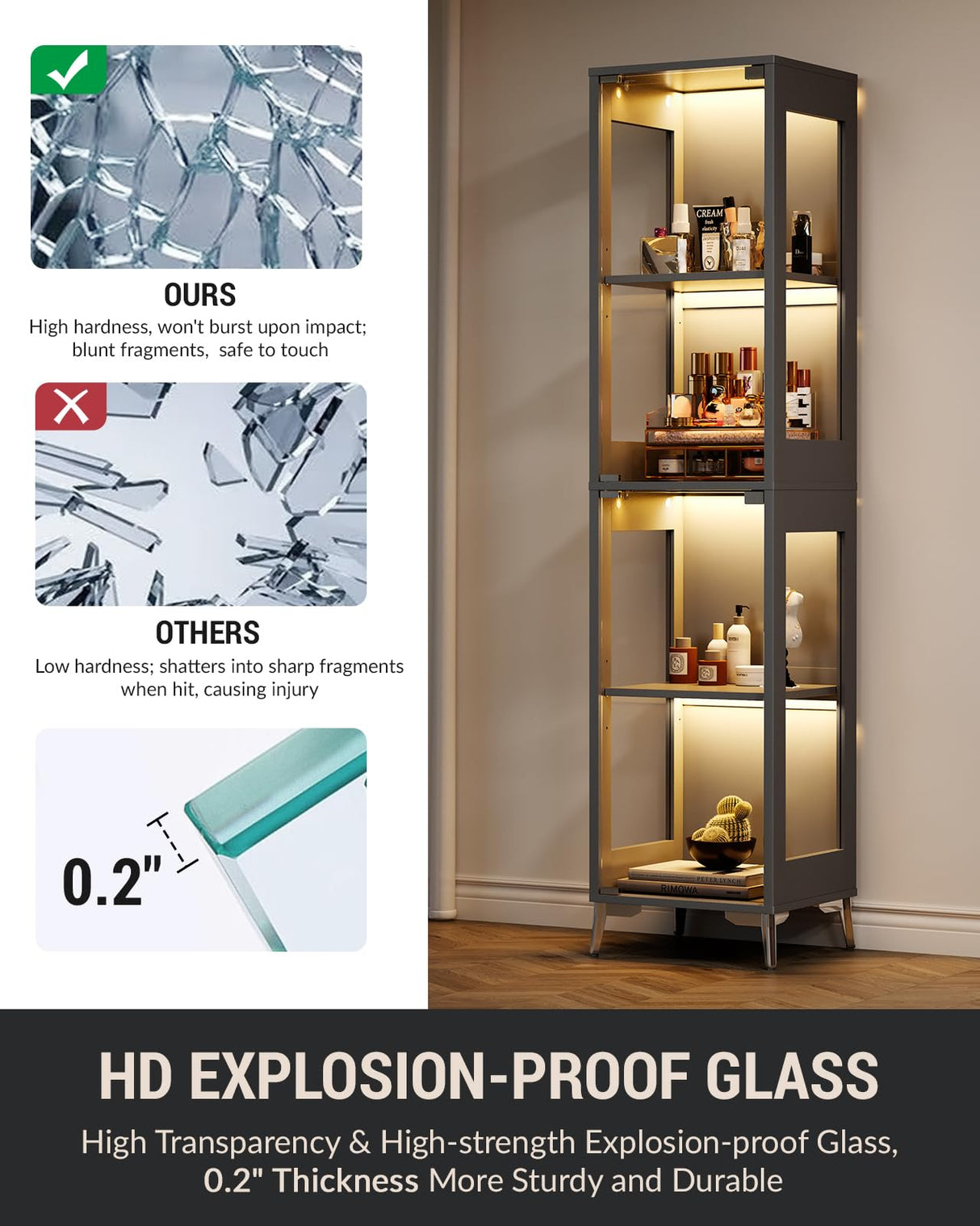 Glass Display Cabinet with Single Door, 4-Tier Display Case with Adjustable Shelves, RGB LED Lights with App & Remote Control, Metal Base Curio Storage Cabinet for Collectibles, Books, Living Room Zephome