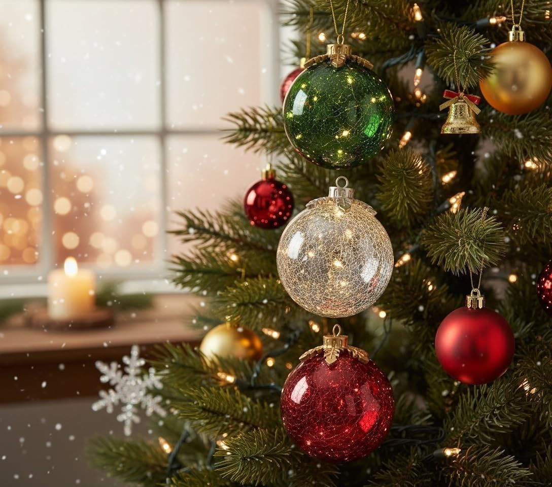 Glass Tabletop Christmas Ornaments - Pre-Lit with Soft White LED,Crystal Ball Halloween Decor for Xmas Home Party Centerpiece Mantel, Warm White Decorative Lamp Generic