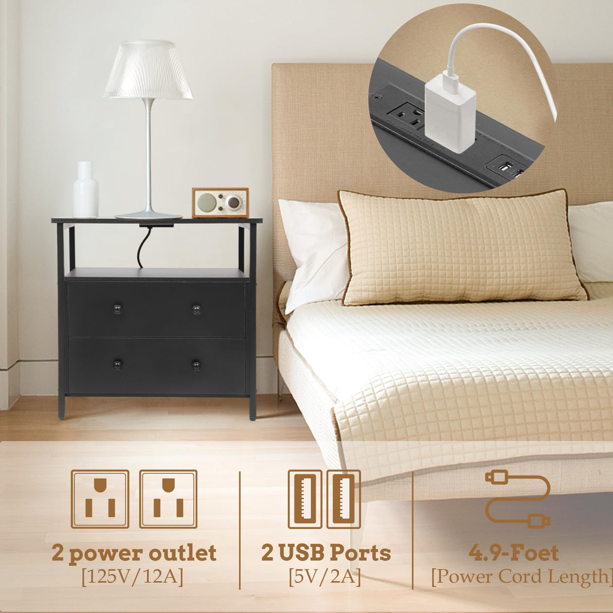 Edbuosy 27 inch Wide Nightstand with Charging Station, Bedside Table with Open Shelf, 2 Drawers Small Wood Dresser, End Side Table for Bedroom (Black) Edbuosy