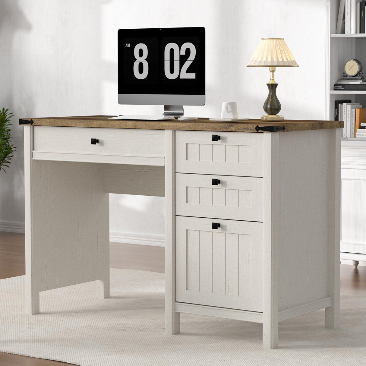 ENOUSHU Executive Desk, Farmhouse Computer Desk with Drawers & Cabinet, Home Office Desk for Work Study Writing Workspace (White, 45") ENOUSHU