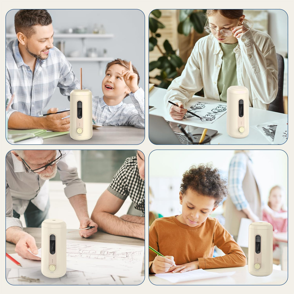Deli Electric Pencil Sharpener - Fully Automatic, Auto In & Out, Rechargeable Hands-Free for 6.9-12mm Pencils - Home & Classroom - Battery Operated - Beige deli