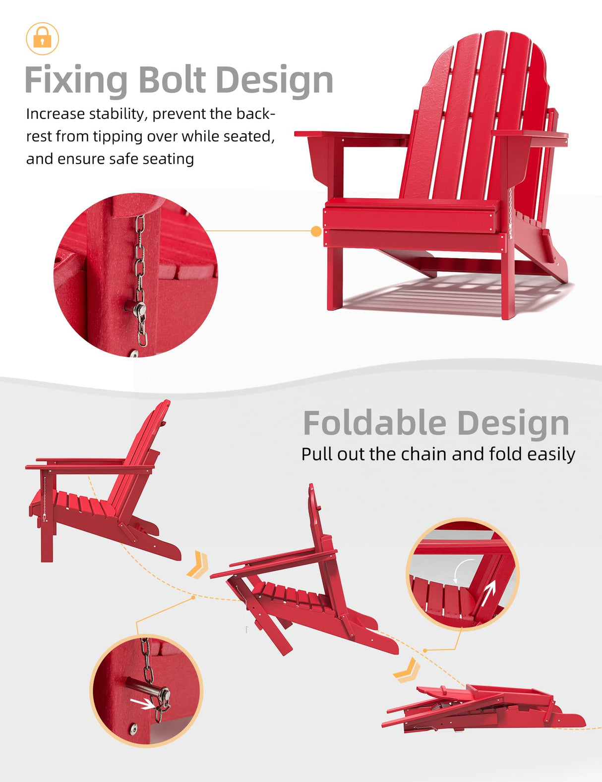 Folding Adirondack Chair - Durable HDPE Poly Lumber All-Weather Resistant, Foldable Oversized Balcony Porch Patio Outdoor Chair for Lawn, Backyard, Deck, Garden, Camping - Easy Installation, Red BUPPLEE