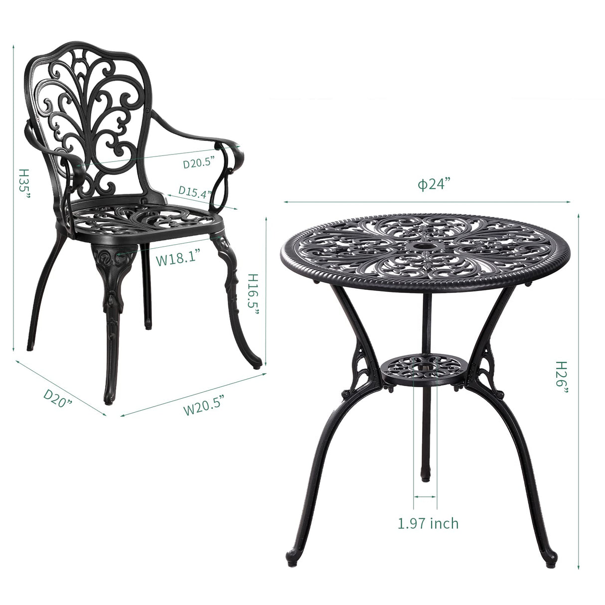 Withniture 3 Piece Patio Bistro Set Cast Aluminum Bistro Table and Chairs Set of 2 with Umbrella Hole,All Weather Metal Bistro Table Set,Outdoor Patio Furniture Set for Garden(Butterfly Black) Withniture