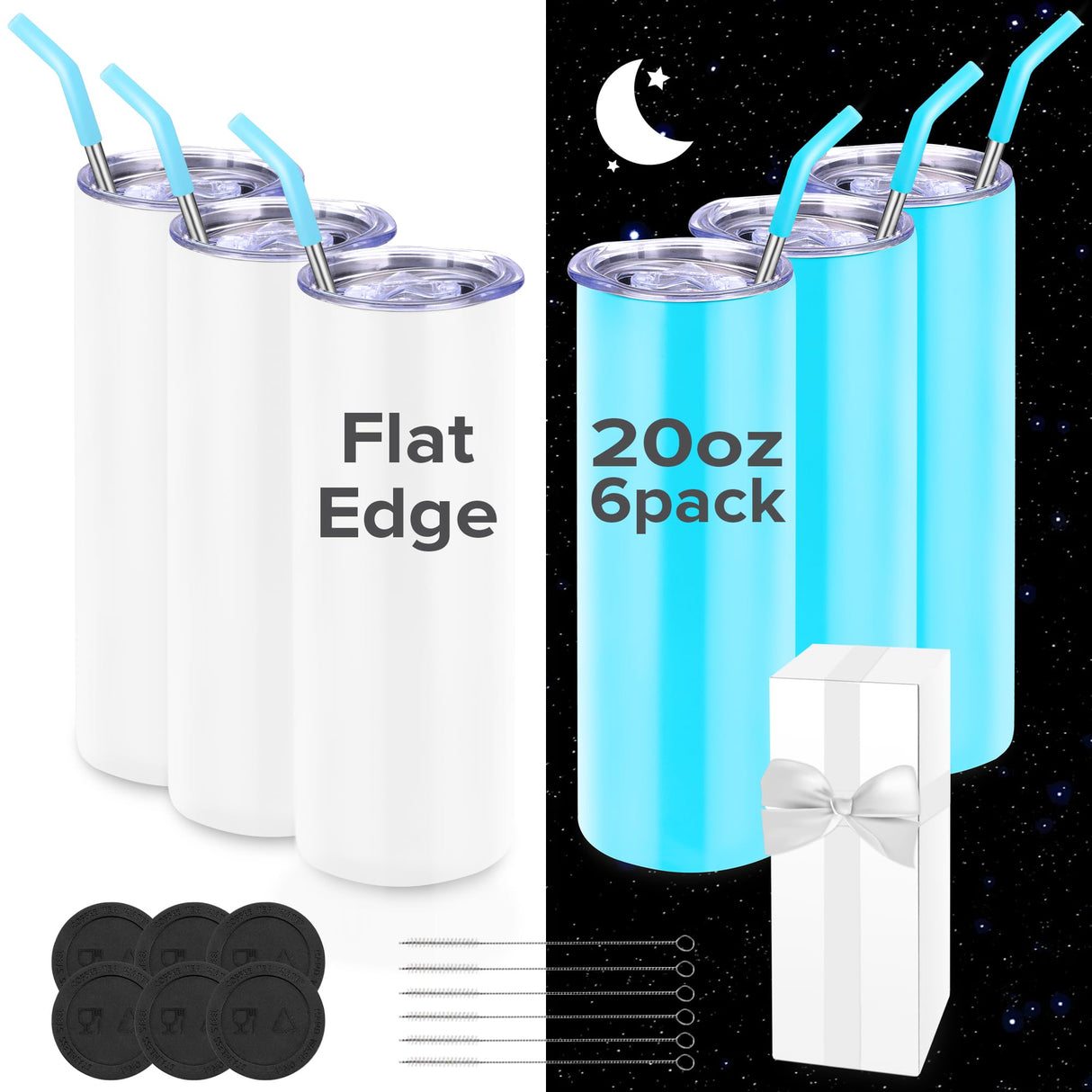 FASTSUB 6 Pack Glow in the Dark Sublimation Tumblers 20 oz Blank Bulk Luminous Cups Straight Stainless Steel Double Wall Vacuum Insulated with Lids and Straws for Tumbler Heat Press White Turn Blue FASTSUB