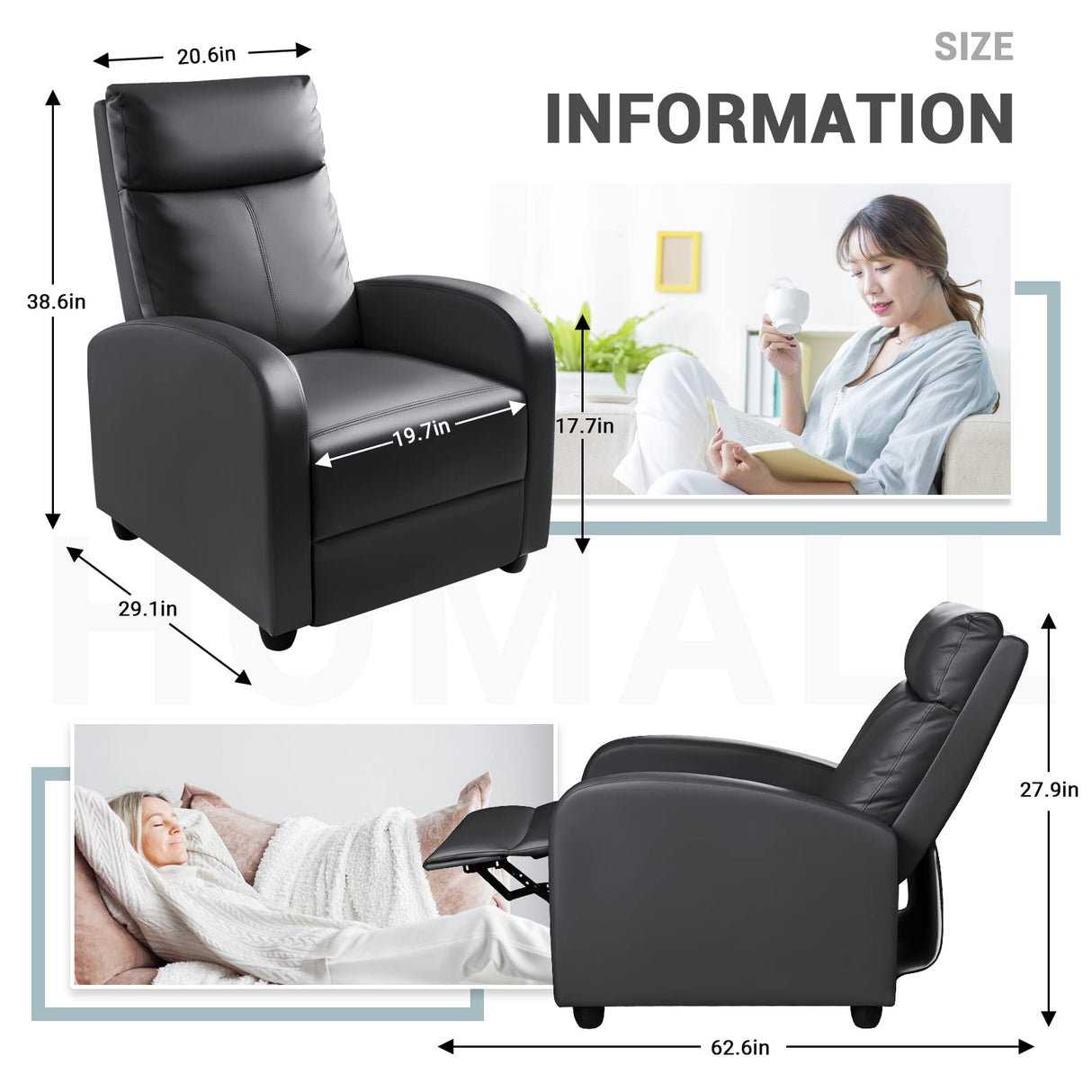 Homall Recliner Chair, Recliner Sofa PU Leather for Adults, Recliners Home Theater Seating with Lumbar Support, Reclining Sofa Chair for Living Room (Black, Leather) Homall