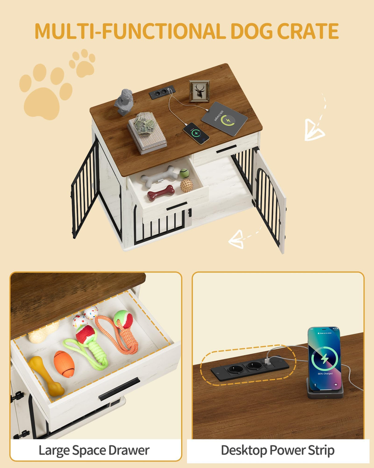 Hzuaneri 39.4'' Large Dog Crate Furniture with 2 Storage Drawers, Heavy Duty Dog Kennel Indoor with Charging Station, Wooden Dog Cage End Table Kennel for Medium/Large Dogs, White Brown DFC84214B Hzuaneri