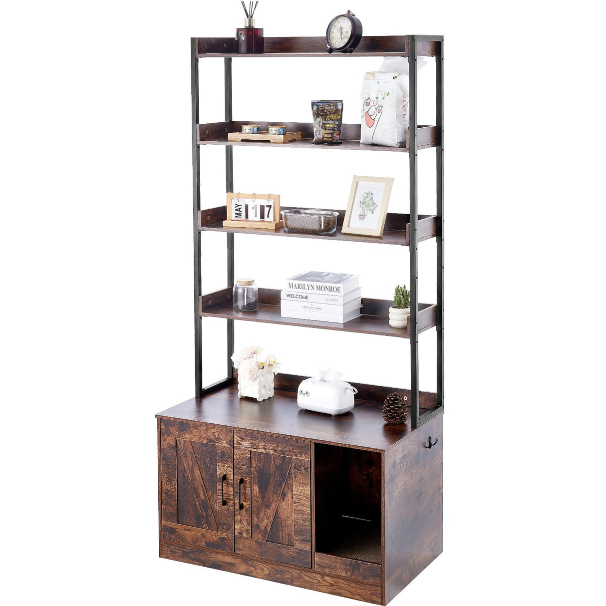 VEVOR Cat Litter Box Enclosure, Hidden Cat Box Furniture with 4 Storage Shelves, Large Cats House Cabinet Hidden Fit Most Litter Box, Wooden Cats Washroom Indoor, 33.5"L x 19.3"W x 72.3"H, Dark Brown VEVOR