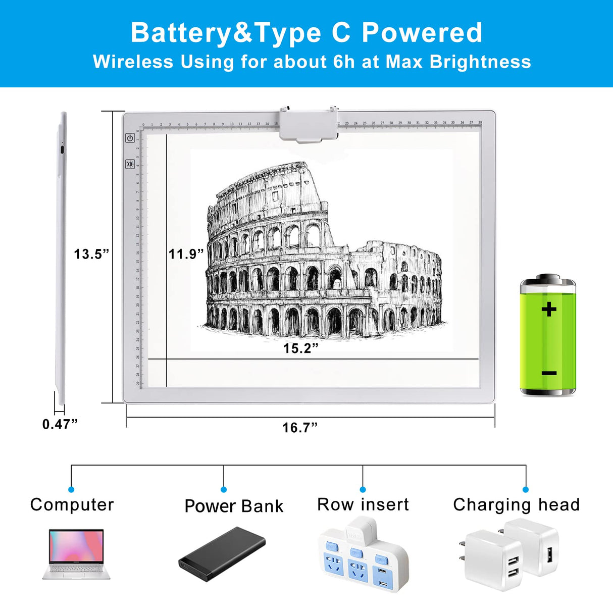 A3 Rechargeable Light Pad with Case, TOHETO 2500mAh Battery Powered Light Board with Stand and Top Magnetic Clip 3 Colors Stepless Dimmable 6 Levels Brightness Light Box for Diamond Painting (White) TOHETO