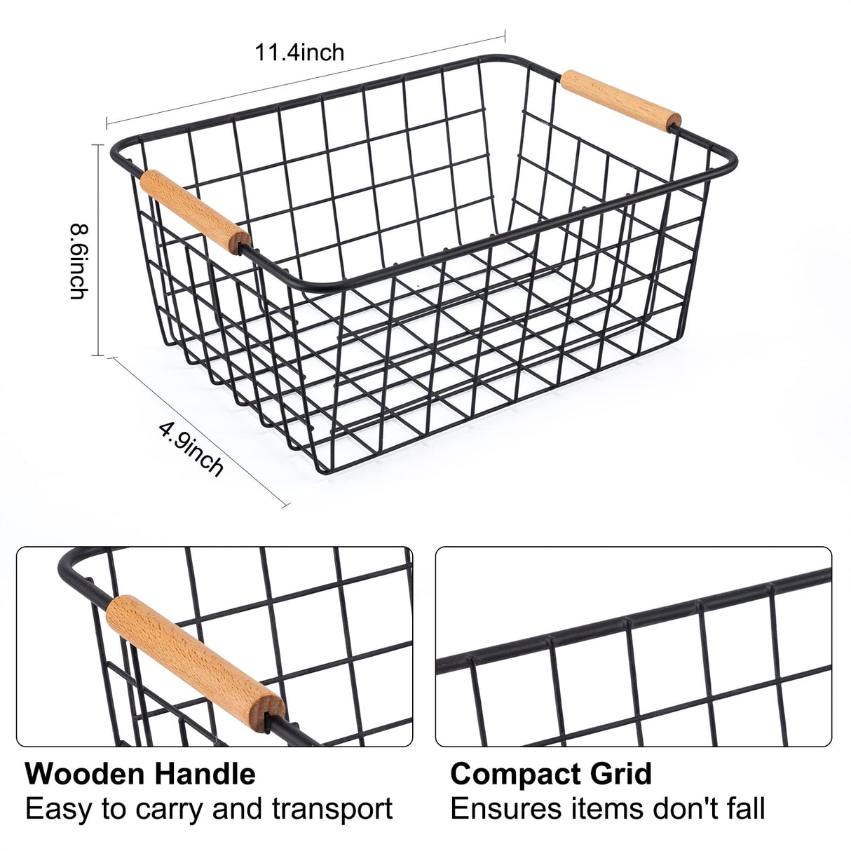 Wire Basket 2 Pcs Wire Storage Baskets Wire Baskets Organizing with Wooden Handles Wire Basket Pantry Organization and Storage Metal Wire Food Storage Basket for Kitchen, Cabinets (Black 2PCS) ELEATTRUN