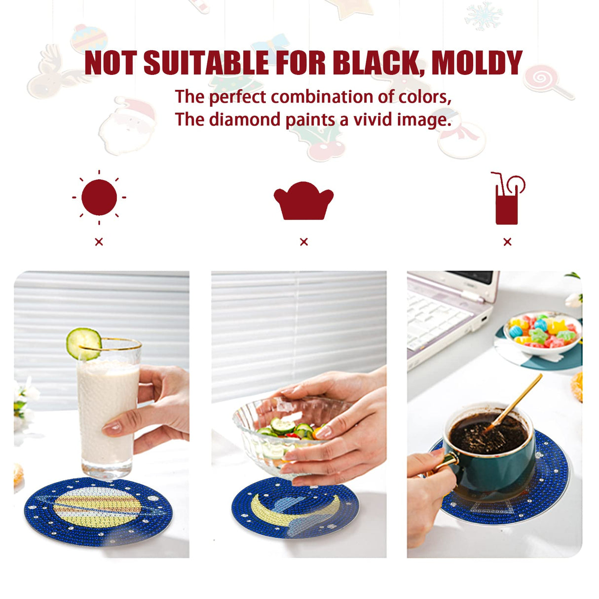 6 Pcs Starry Sky Diamond Art Acrylic Coasters with Cork Base and Holder, DIY 5D Diamond Painting Coasters Kit for Adults, Planet Rocket Moon Spaceship Design, Creative Table Decor Crafts antor