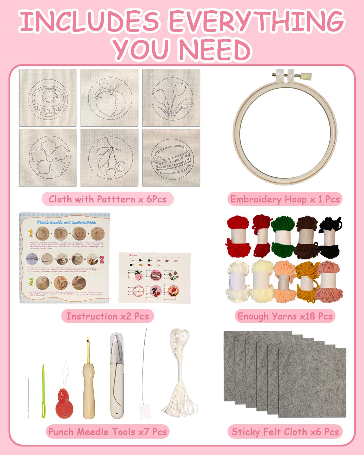 Punch Needle Kit for Beginners Adults Kids, 6 Pattern Embroidery Punch Needle Kits, Easy Needle Punch Embroidery DIY Kit Set Tufted Rug Punch Decoration with Patterns, Tools, Yarns, Hoop, Instruction Yigney