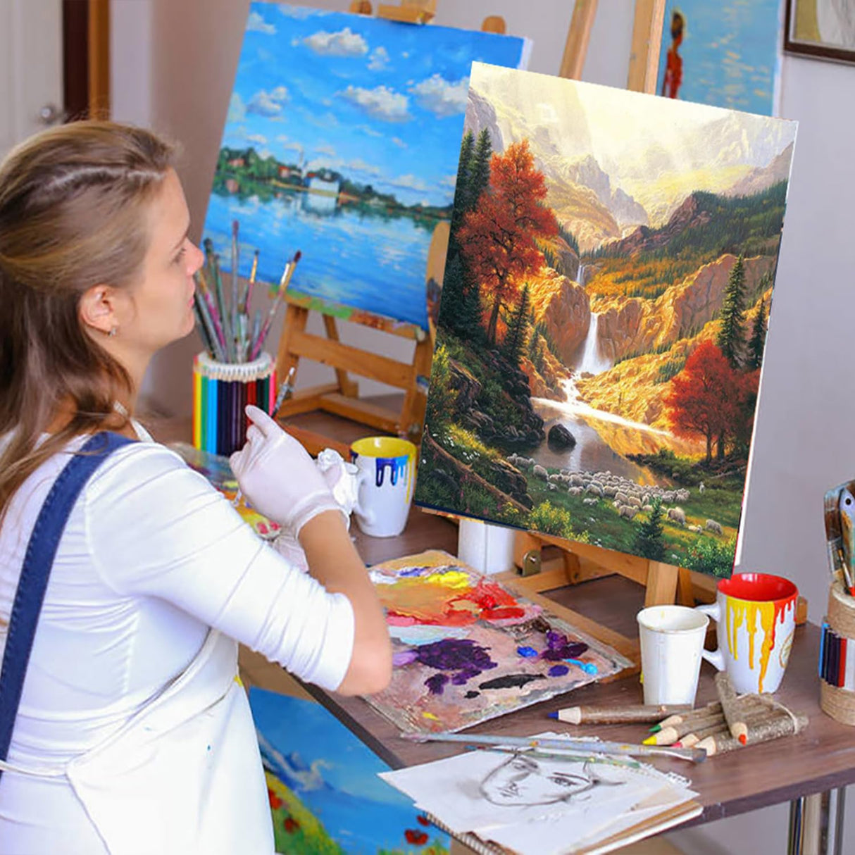 Artunion Fall Mountain Waterfall Paint by Numbers for Adults Beginner, Scenery Paint by Number Kits, DIY Oil Painting Paint by Number Kits on Canvas Arts Craft for Home Wall Decor 16x20 Inch Artunion