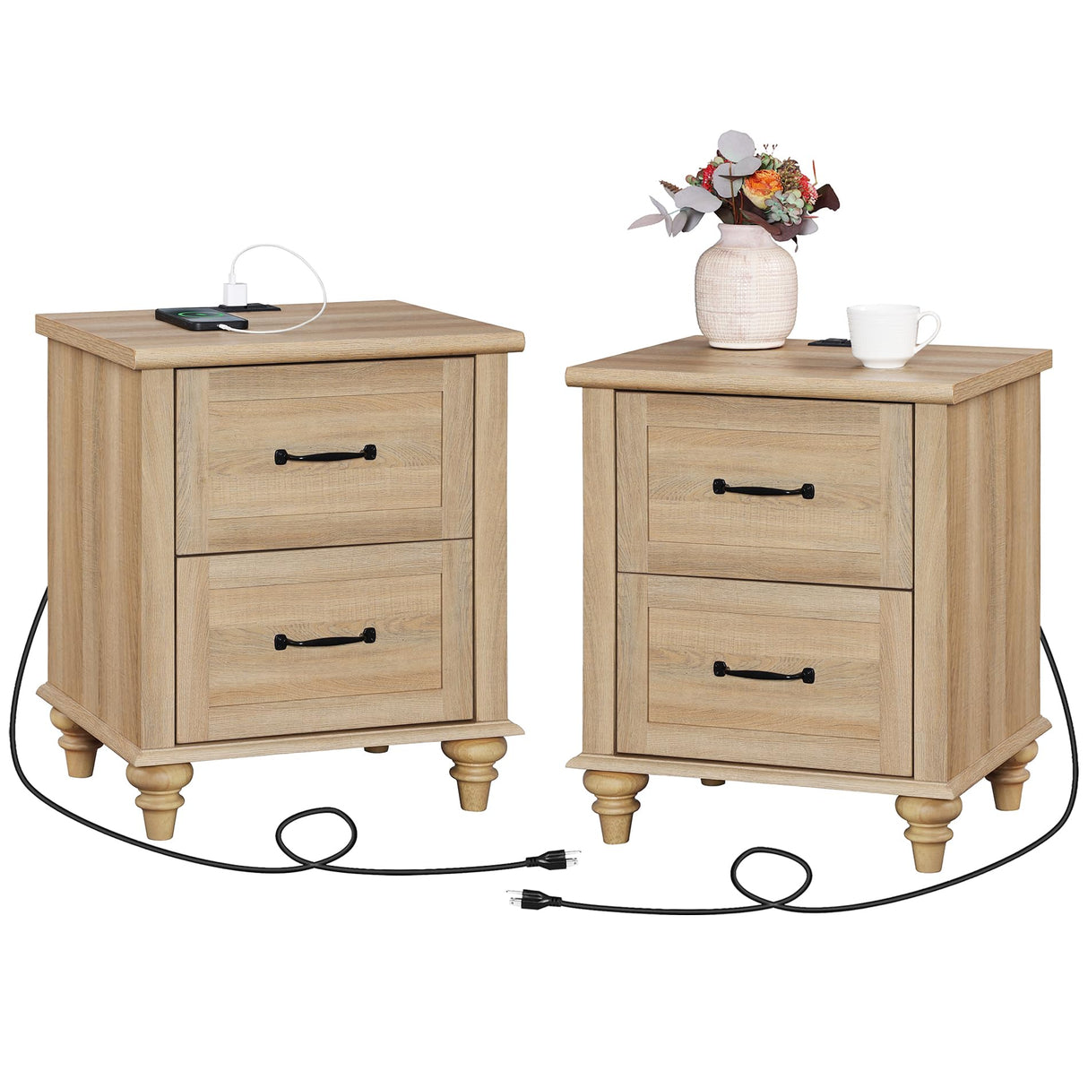 WAMPAT Night Stands for Bedrooms Set of 2 End Tables with Charging Station, 2 Drawer Nightstand Wooden Bedside Table, Farmhouse Side Table for Living Room, Oak WAMPAT