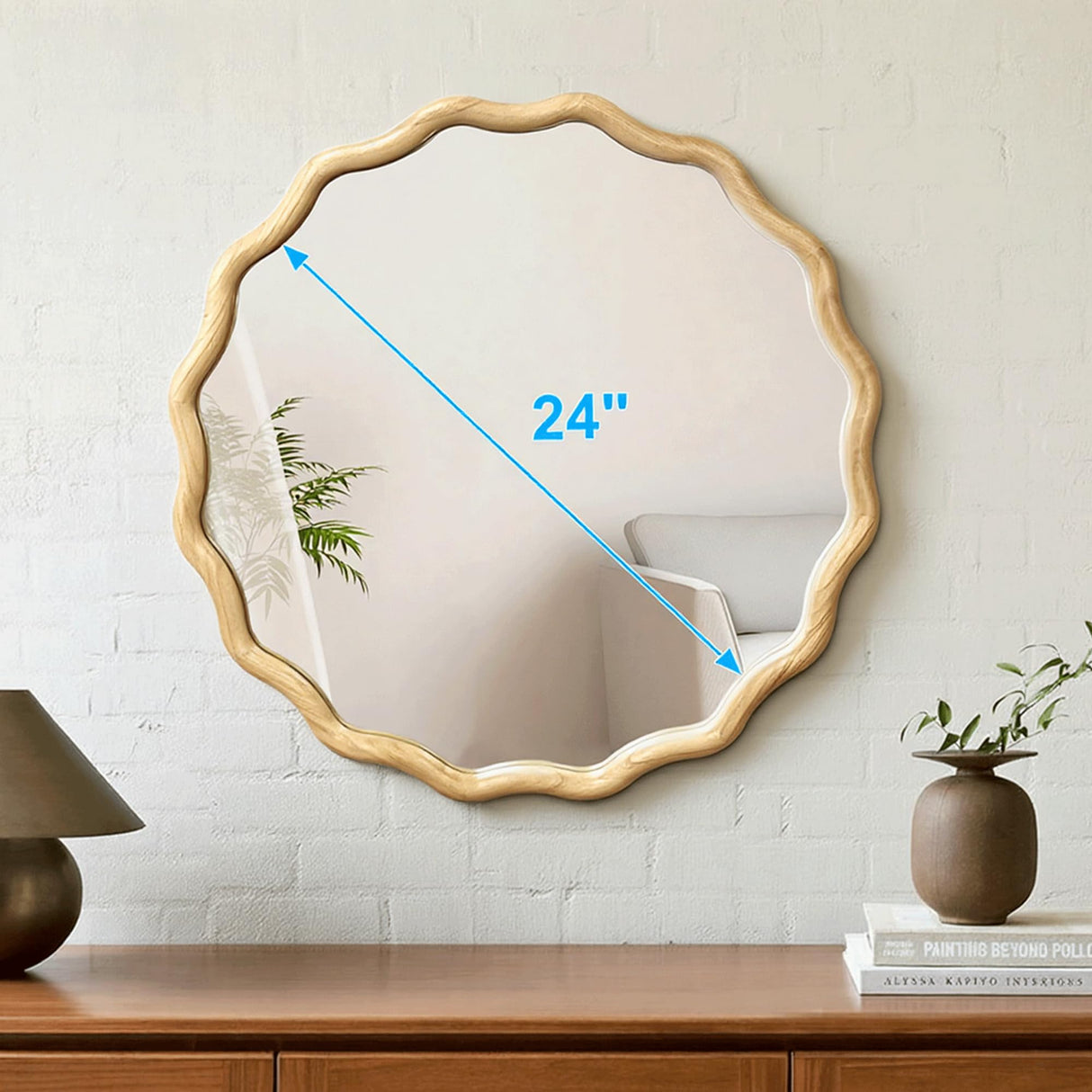 Circle Wood Mirrors for Wall, Wavy Round Bathroom Scalloped Mirror Wooden Frame 24 Inch for Living Room Farmhouse Bedroom Hallway Entryway Living Room with Shatterproof Glass Wall Mounted FGU